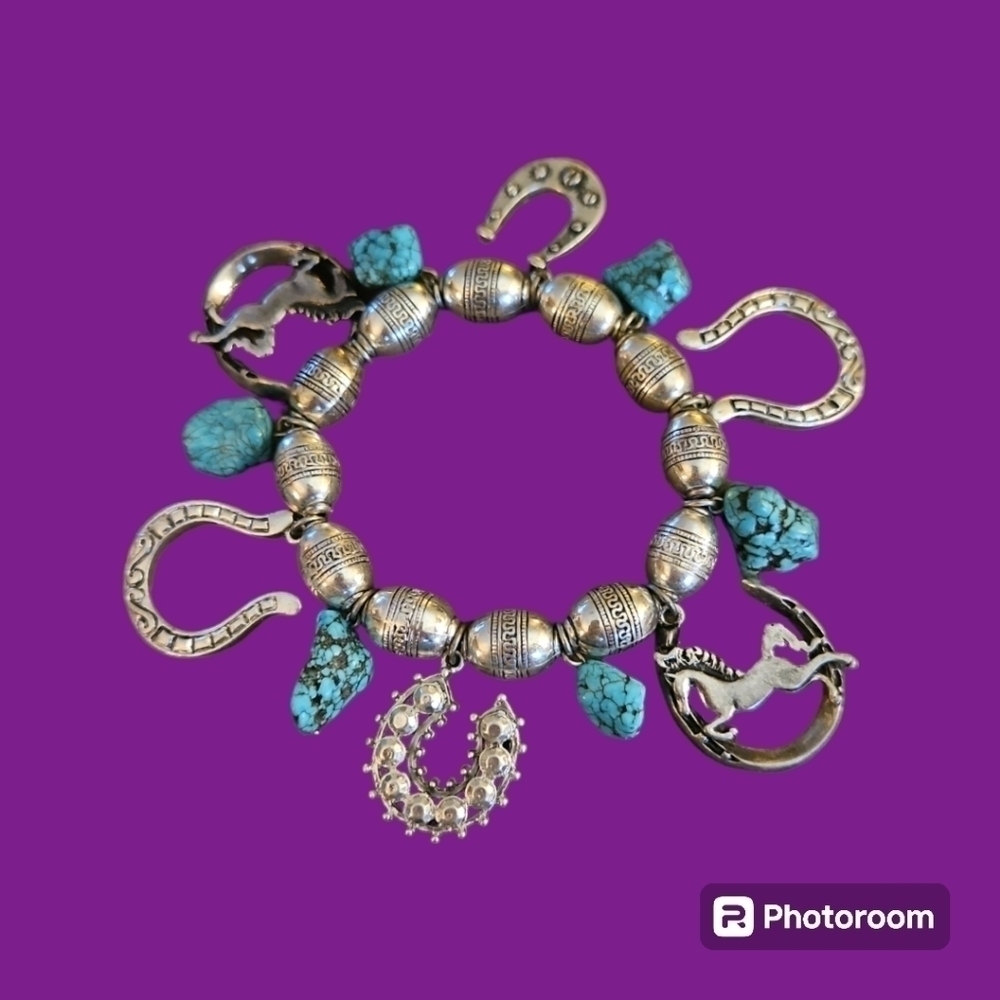 Cowboy Core Horseshoe Turquoise Western Metal Beaded Stretch Charm Bracelet